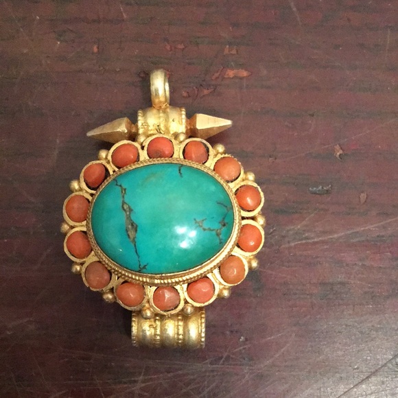 Turquoise and Coral Handcrafted Tibetan Pendant